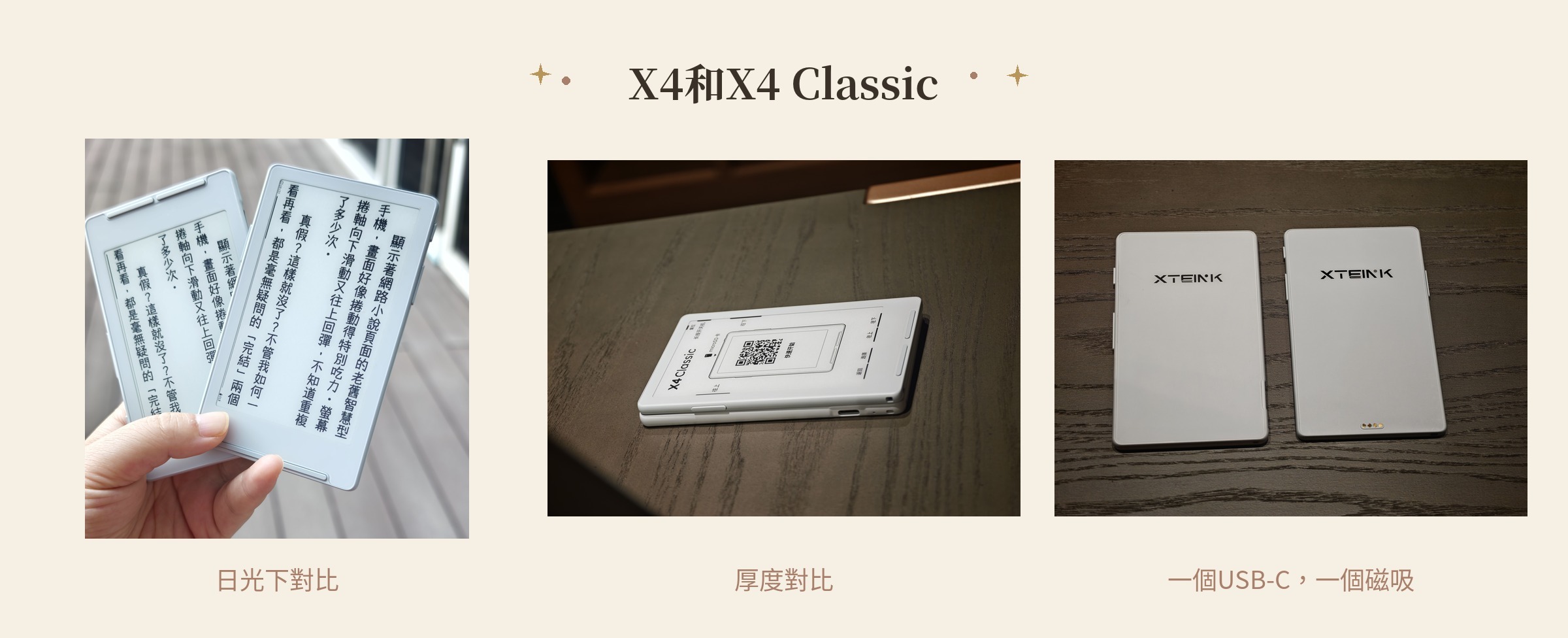 X4 與 X4 Classic：日光下對比、厚度對比、一個 USB-C 一個磁吸